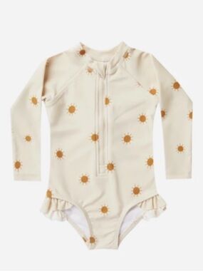 Rylee + Cru Cream One-Piece Rashguard with Gold Sun Print 4/5T